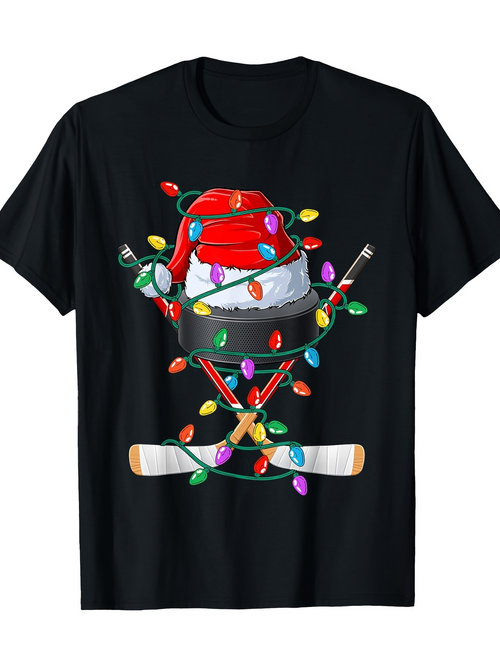 Men's Graphic T-Shirt Festive Christmas Lights Wrapped Around Hockey Helmet And Sticks