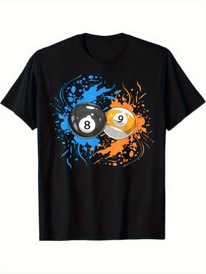 Men's Graphic T-Shirt Dynamic Color Splash With Pool Balls Among Abstract Paint Strokes Billiard Ball