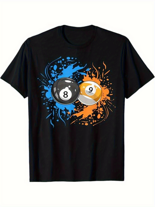 Men's Graphic T-Shirt Dynamic Color Splash With Pool Balls Among Abstract Paint Strokes Billiard Ball