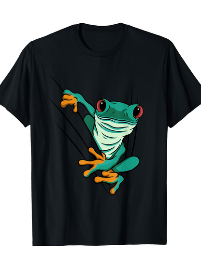 Men's Graphic T-Shirt Vibrant Green Tree Frog Climbing Outwards On Black T Shirt Frog