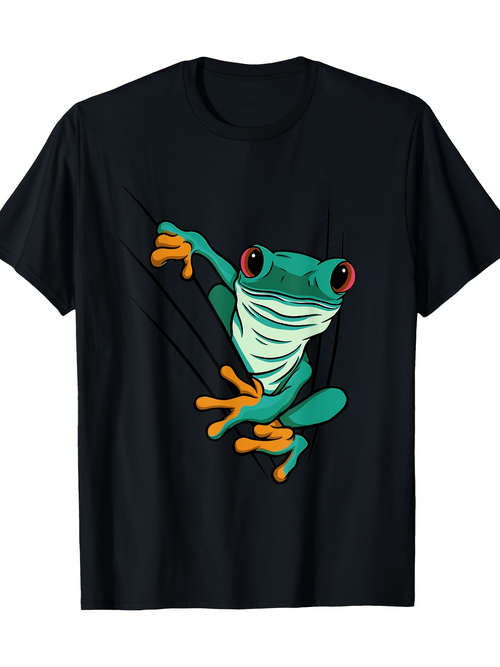 Men's Graphic T-Shirt Vibrant Green Tree Frog Climbing Outwards On Black T Shirt Frog