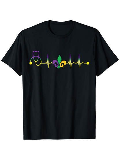 Men's Graphic T-Shirt Colorful Heartbeat Line With Mardi Gras Mask And Musical Note