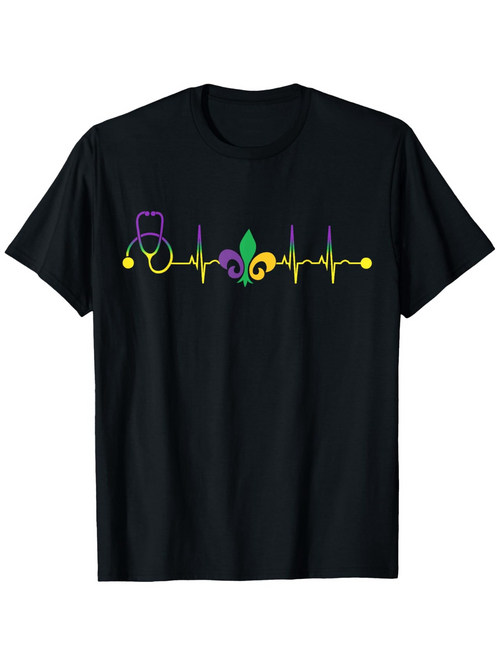 Men's Graphic T-Shirt Colorful Heartbeat Line With Mardi Gras Mask And Musical Note