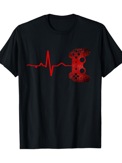 Men's Graphic T-Shirt Red Heartbeat Line With Video Game Controller Illustration