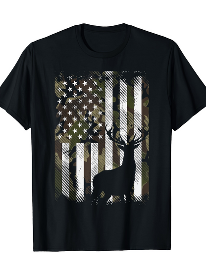 Men's Graphic T-Shirt Camo American Flag With Silhouette Deer And Majestic Antlers