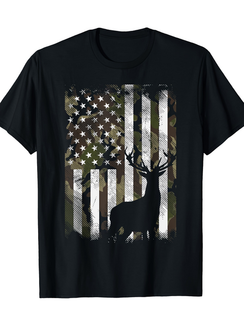 Men's Graphic T-Shirt Camo American Flag With Silhouette Deer And Majestic Antlers