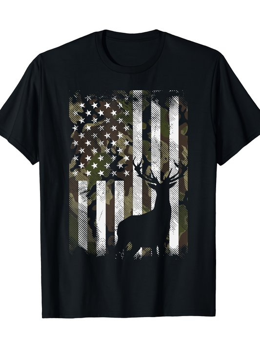 Men's Graphic T-Shirt Camo American Flag With Silhouette Deer And Majestic Antlers
