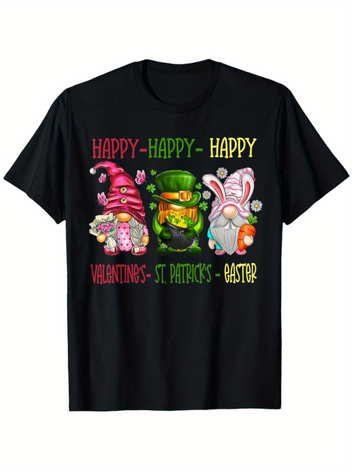 Men's Graphic T-Shirt Happy Happy Happy With Cute Holiday Gnomes Surrounded By Festive Decorations