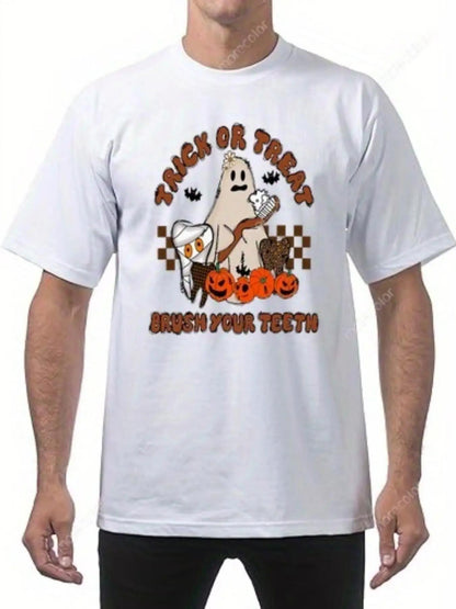 Men's Graphic T-Shirt Trick Or Treat Ghost With Pumpkins Candy Bags And Falling Leaves