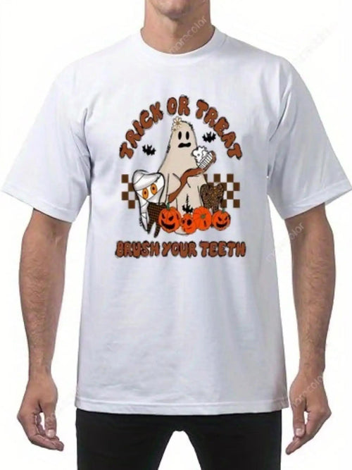 Men's Graphic T-Shirt Trick Or Treat Ghost With Pumpkins Candy Bags And Falling Leaves