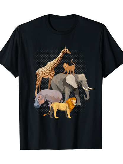 Men's Graphic T-Shirt African Wildlife Gathering With Majestic Elephant Giraffe Lion And Hippo