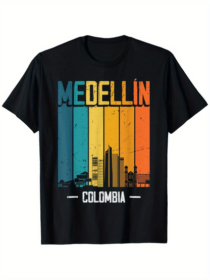Men's Graphic T-Shirt Colorful Skyline Silhouettes With Vertical Retro Bars Medellin