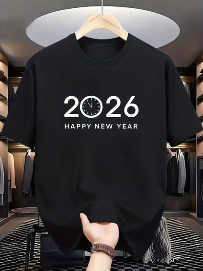 Men's Graphic T-Shirt Happy New Year Number Design With Clock And Modern Minimalist Typeface T Shirt
