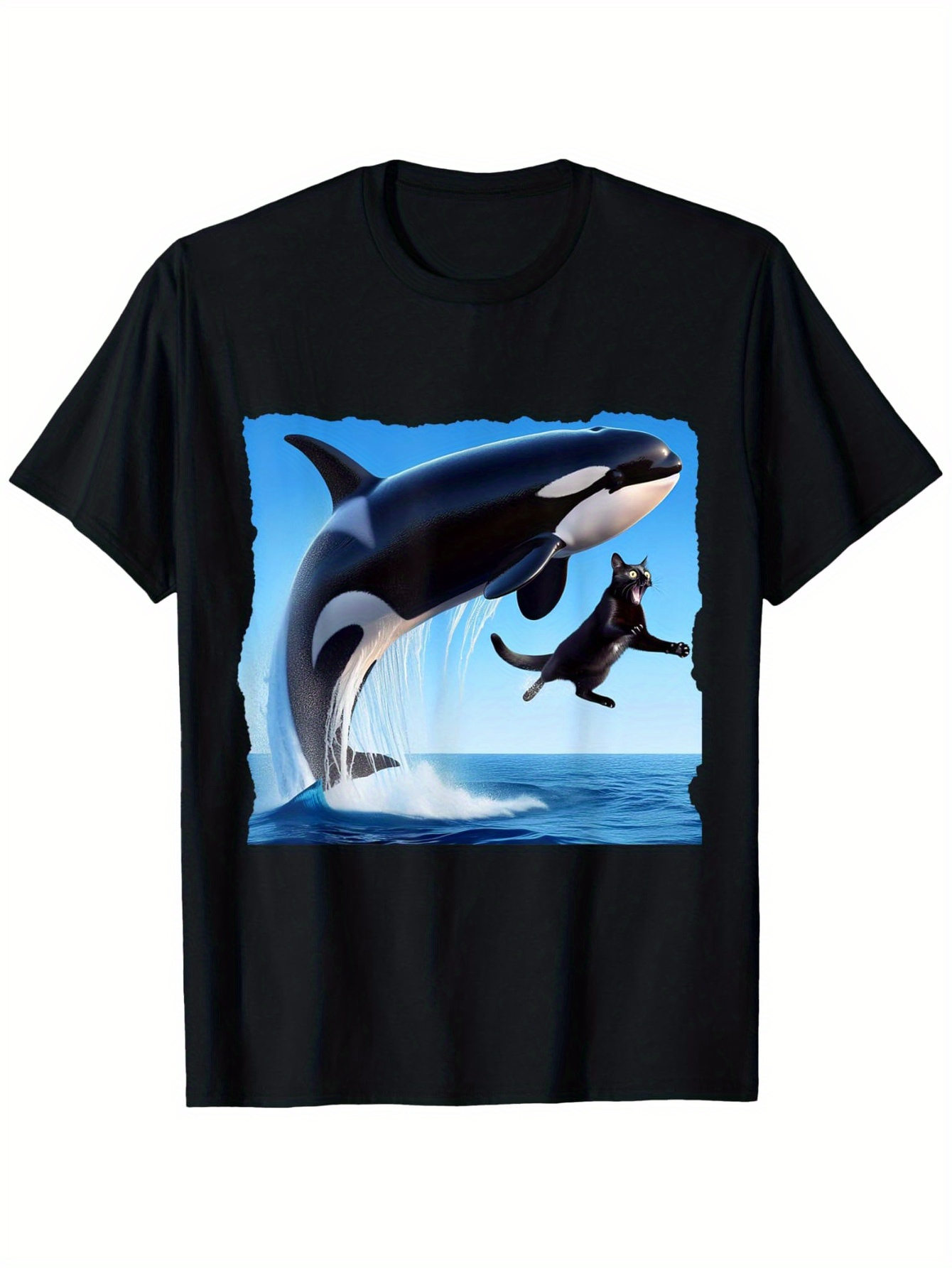 Men's Graphic T-Shirt Playful Ocean Waves With Leaping Orca And Curious Black Cat