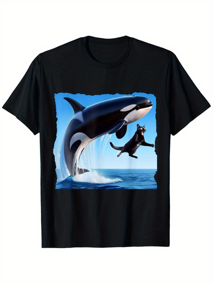 Men's Graphic T-Shirt Playful Ocean Waves With Leaping Orca And Curious Black Cat