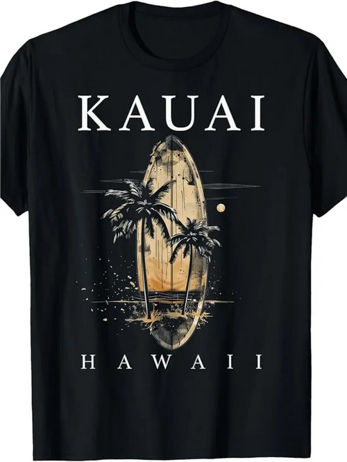 Men's Graphic T-Shirt Kauai Hawaii Surreal Sunset With Palm Trees And Vintage Surfboard