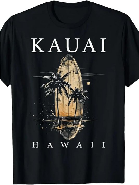 Men's Graphic T-Shirt Kauai Hawaii Surreal Sunset With Palm Trees And Vintage Surfboard