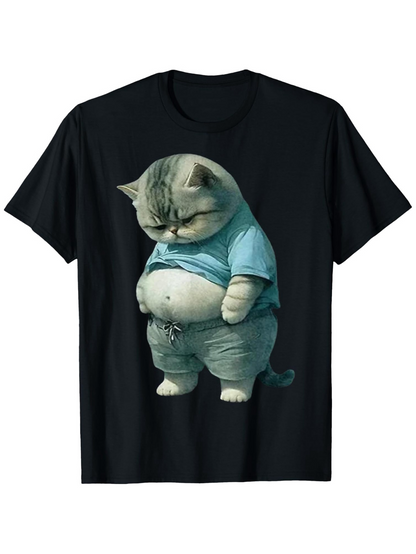 Men's Graphic T-Shirt Playful Cat Wearing Blue Shirt Staring At Round Belly Cat
