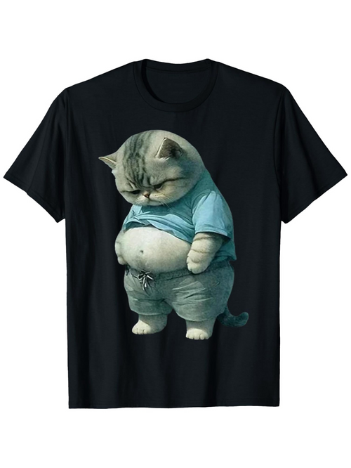 Men's Graphic T-Shirt Playful Cat Wearing Blue Shirt Staring At Round Belly Cat