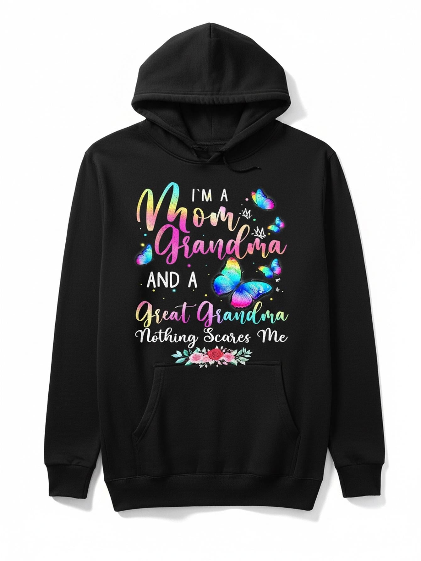 Women's Graphic Hoodie Colorful Butterflies Surrounding Letters With Vibrant Floral Details Grandma