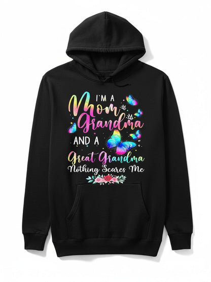 Women's Graphic Hoodie Colorful Butterflies Surrounding Letters With Vibrant Floral Details Grandma