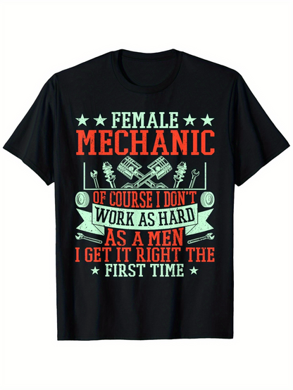 Men's Graphic T-Shirt Female Mechanic Humorous Text With Piston Wrench Banner Elements