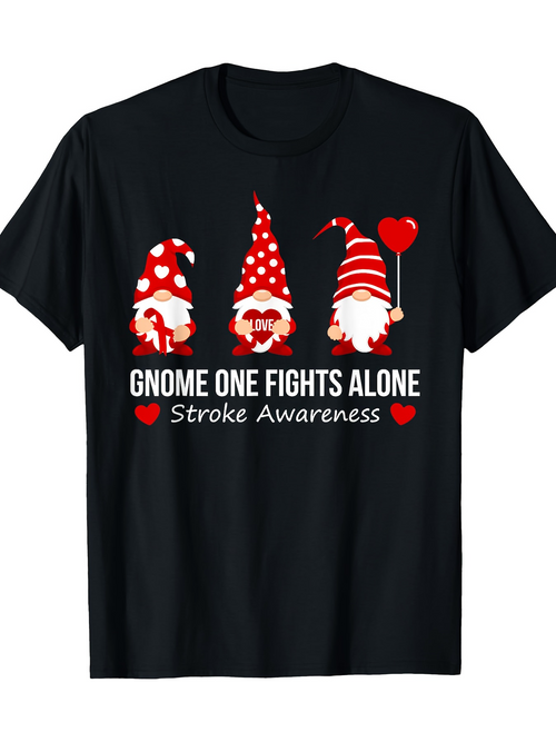 Men's Graphic T-Shirt Gnome One Fights Alone Stroke Awareness Red Hearts With Adorable Standing Gnome