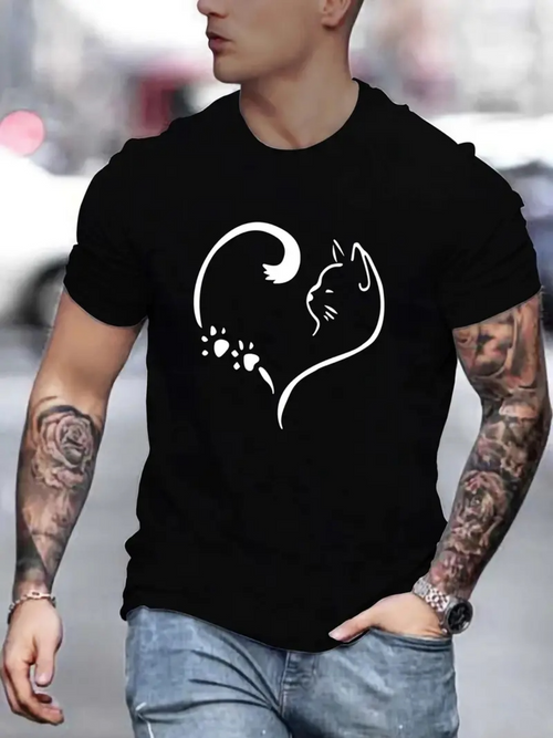 Men's Graphic T-Shirt Minimalist White Cat Silhouette And Paw Print Forming Heart