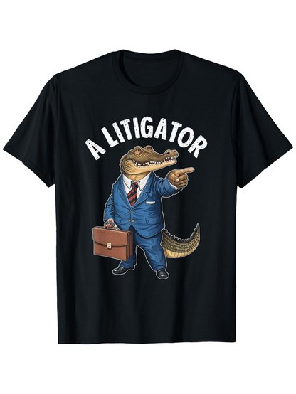 Men's Graphic T-Shirt A Litigator Cartoon Alligator With Briefcase In Blue Suit Standing On Black Shirt