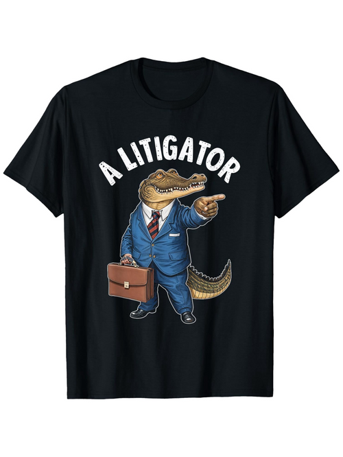 Men's Graphic T-Shirt A Litigator Cartoon Alligator With Briefcase In Blue Suit Standing On Black Shirt