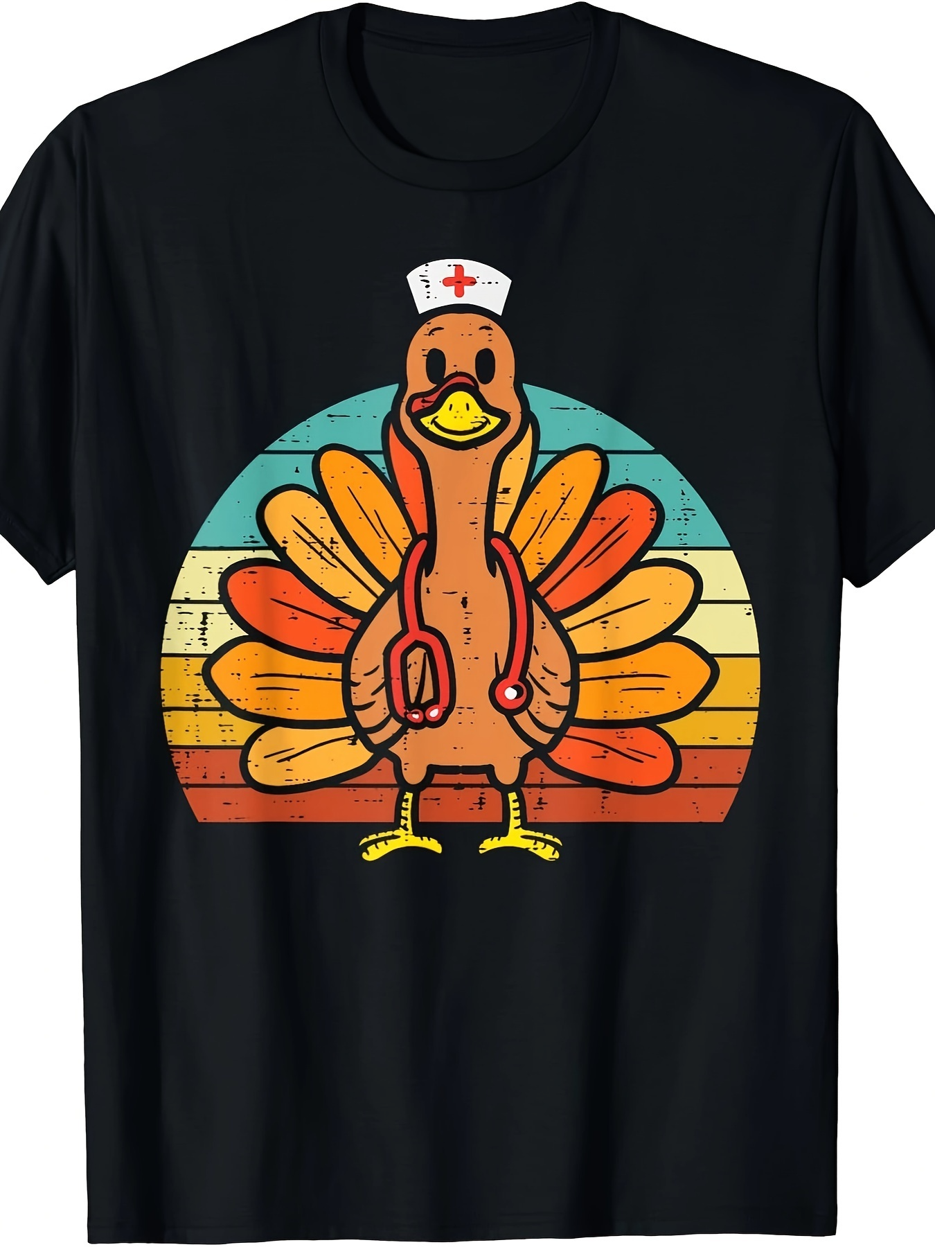 Men's Graphic T-Shirt Retro Sunburst With Nurse Hat Turkey Wearing Stethoscope