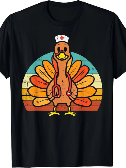 Men's Graphic T-Shirt Retro Sunburst With Nurse Hat Turkey Wearing Stethoscope