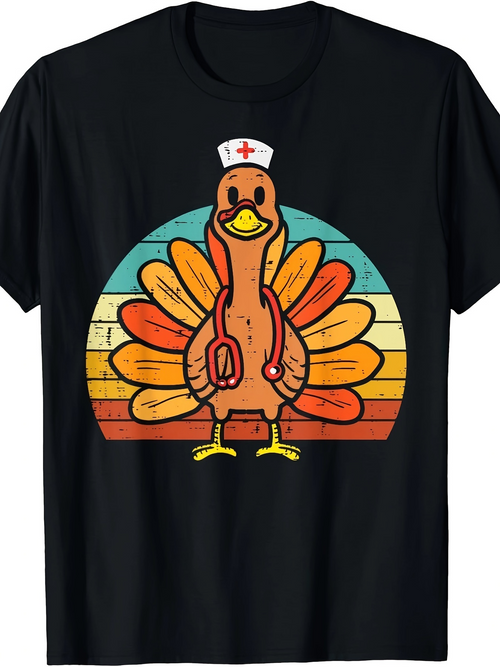 Men's Graphic T-Shirt Retro Sunburst With Nurse Hat Turkey Wearing Stethoscope