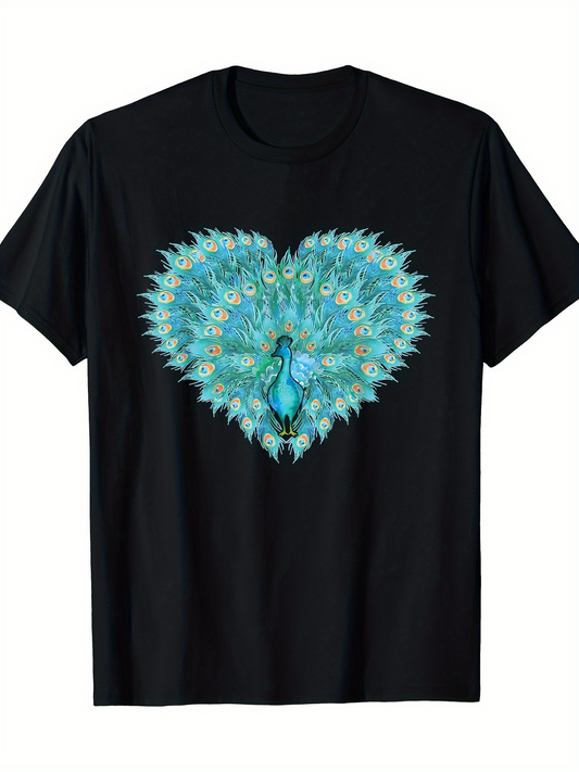 Men's Graphic T-Shirt Spectacular Feathers Forming A Peacock Shaped Heart Centerpiece Design Peacock