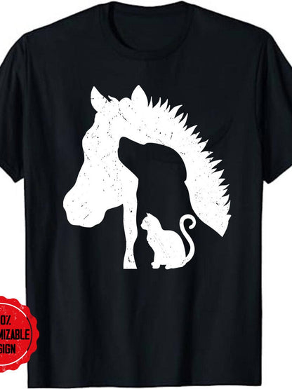 Men's Graphic T-Shirt Stylized Silhouettes Of Horse Dog And Cat On Black T Shirt