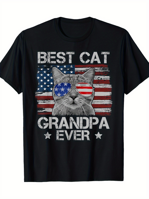 Men's Graphic T-Shirt Best Cat Grandpa Ever With American Flag Sunglasses Cat