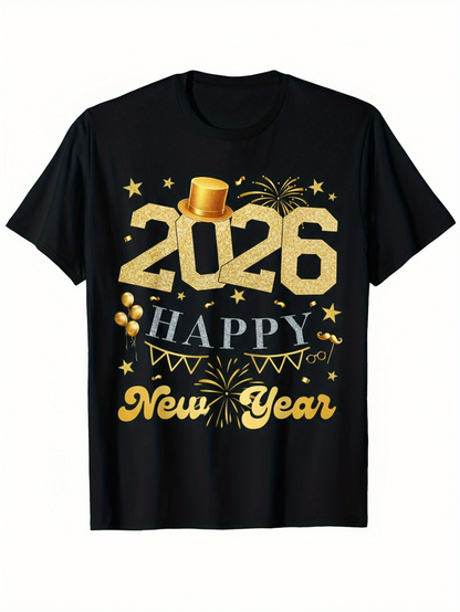 Men's Graphic T-Shirt Happy 2026 With Golden Confetti Fireworks Stars And New Year