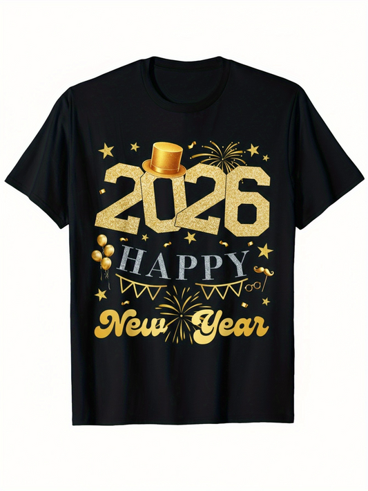Men's Graphic T-Shirt Happy 2026 With Golden Confetti Fireworks Stars And New Year