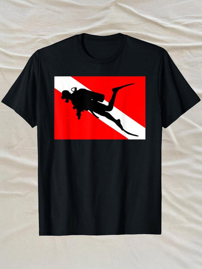 Men's Graphic T-Shirt Bold Red Flag With White Stripe Featuring A Scuba Diver Silhouette