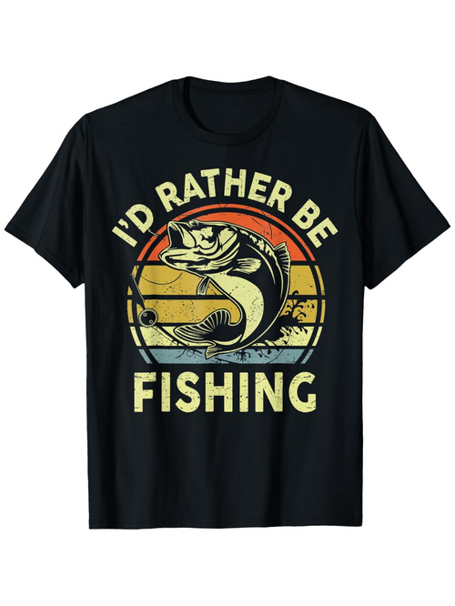 Men's Graphic T-Shirt Id Rather Be Fishing With Retro Sunset And Jumping Bass Fish