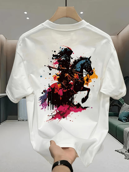 Men's Graphic T-Shirt Colorful Paint Splashes With Dynamic Heroic Rider On Horse