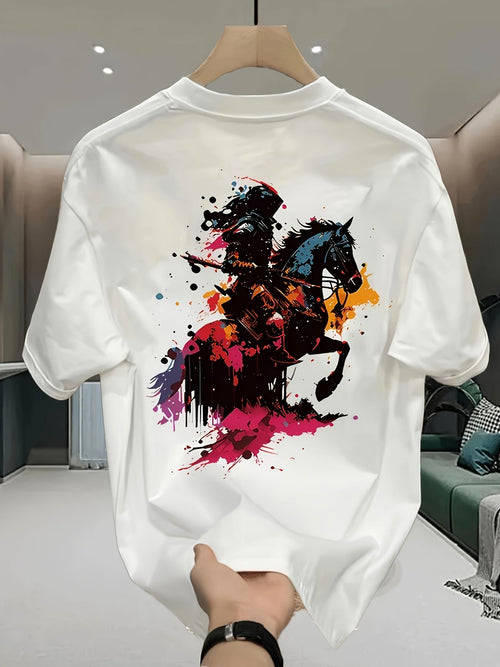 Men's Graphic T-Shirt Colorful Paint Splashes With Dynamic Heroic Rider On Horse