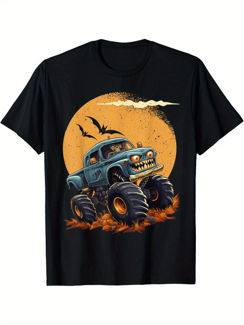 Men's Graphic T-Shirt Retro Monster Truck With Orange Moon Bats And Dusty Rolling Wheels