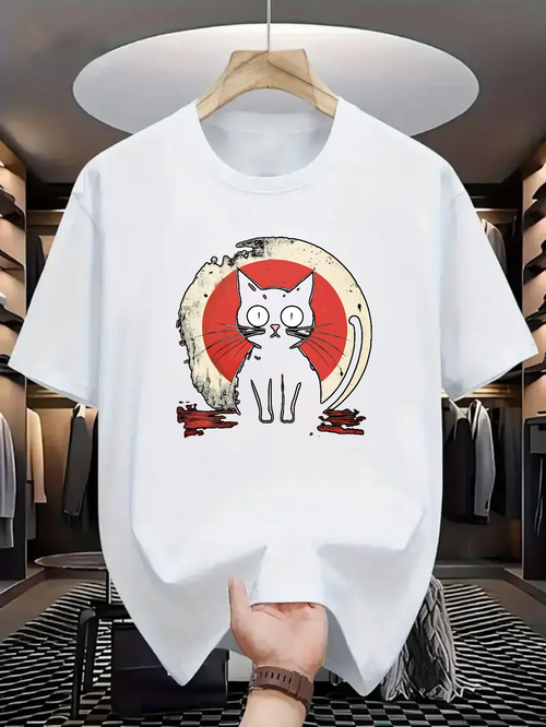 Men's Graphic T-Shirt Mystic Night With Red Moon Shining Behind Whimsical White Cat