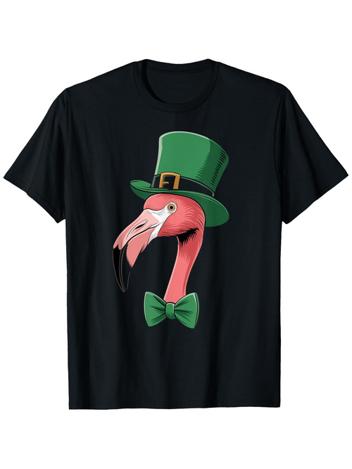 Men's Graphic T-Shirt Green Top Hat And Bow Tie With Pink Flamingo