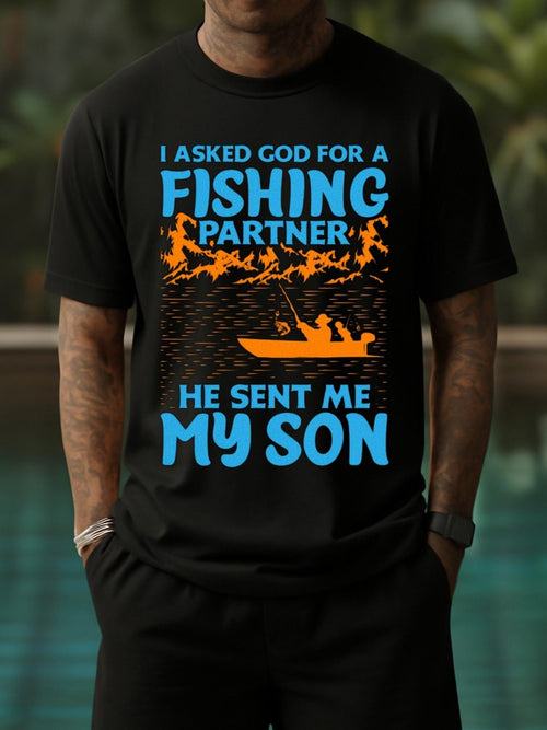 Men's Graphic T-Shirt I Asked God For A Fishing Partner He Sent Me My Son Orange Silhouette Boat Water Reflections Rippling Lines