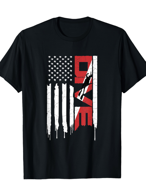 Men's Graphic T-Shirt Distressed American Flag With Red Letters Dive Scuba Diver