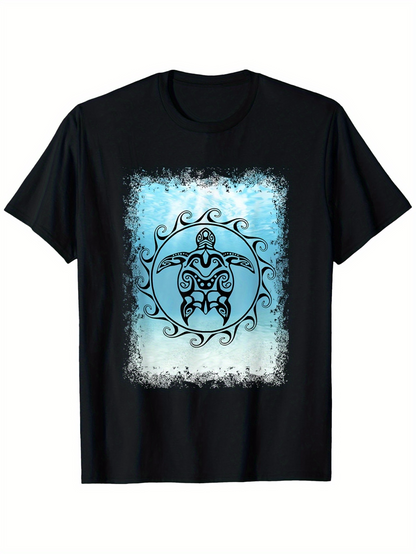 Men's Graphic T-Shirt Ocean Blue Tribal Motif With Patterned Circular Art Turtle