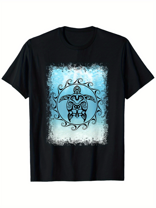 Men's Graphic T-Shirt Ocean Blue Tribal Motif With Patterned Circular Art Turtle