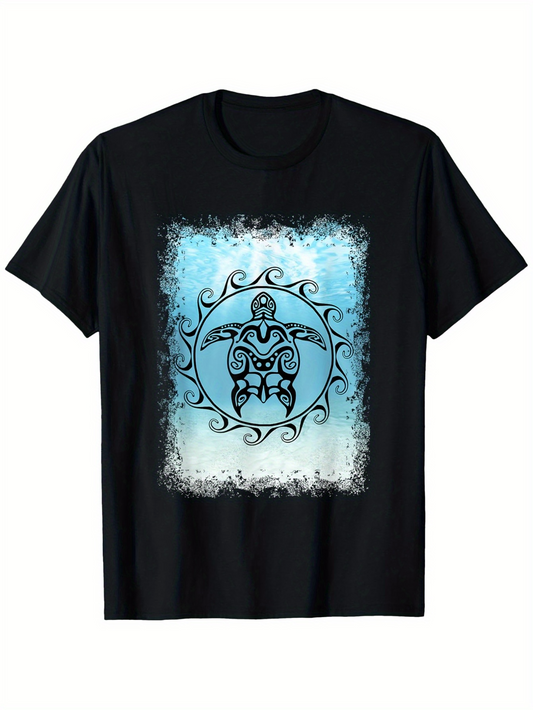 Men's Graphic T-Shirt Ocean Blue Tribal Motif With Patterned Circular Art Turtle